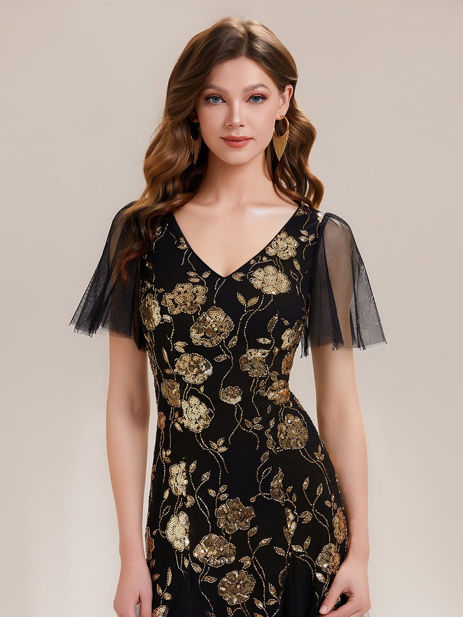 Patchwork Sequin Ruffle Sleeve Dress #color_Black & Gold