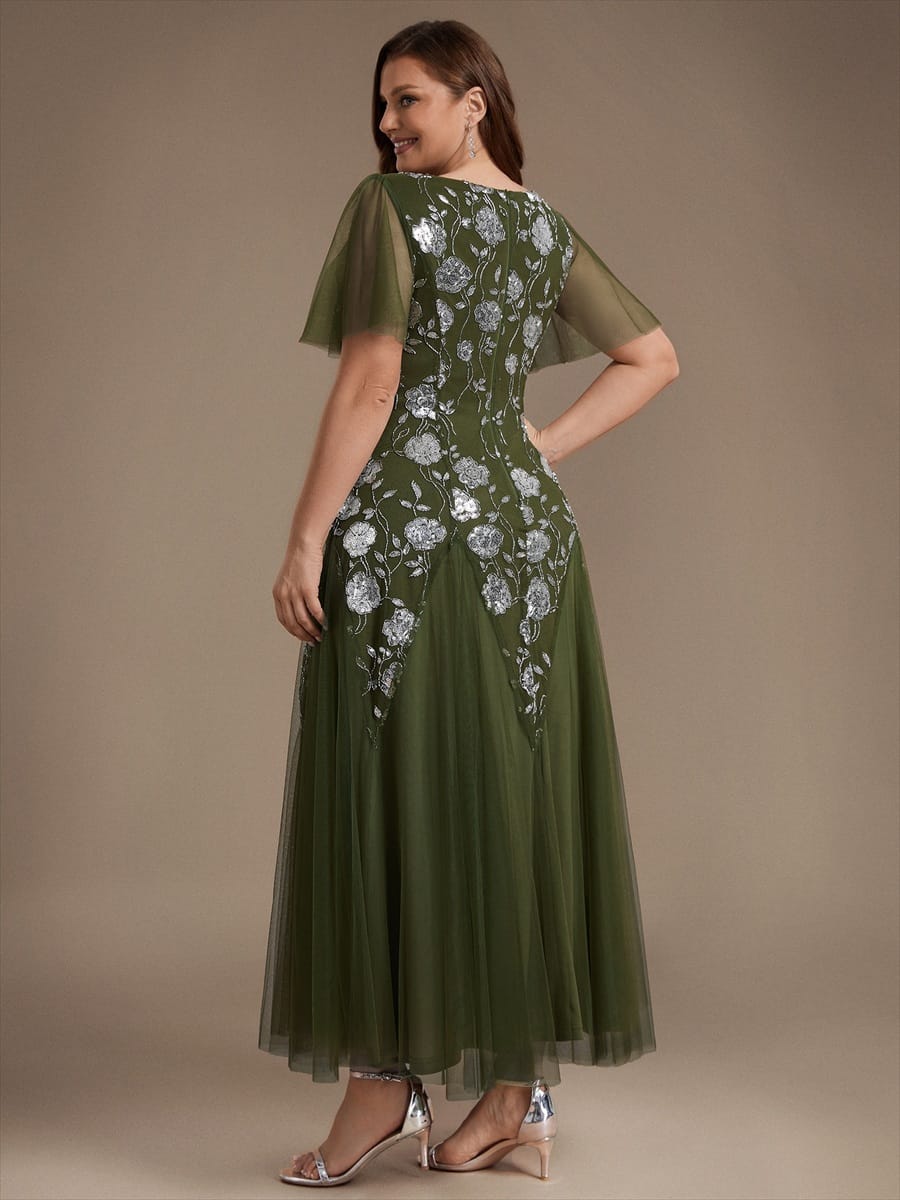 Patchwork Sequin Ruffle Sleeve Dress #color_Olive Green