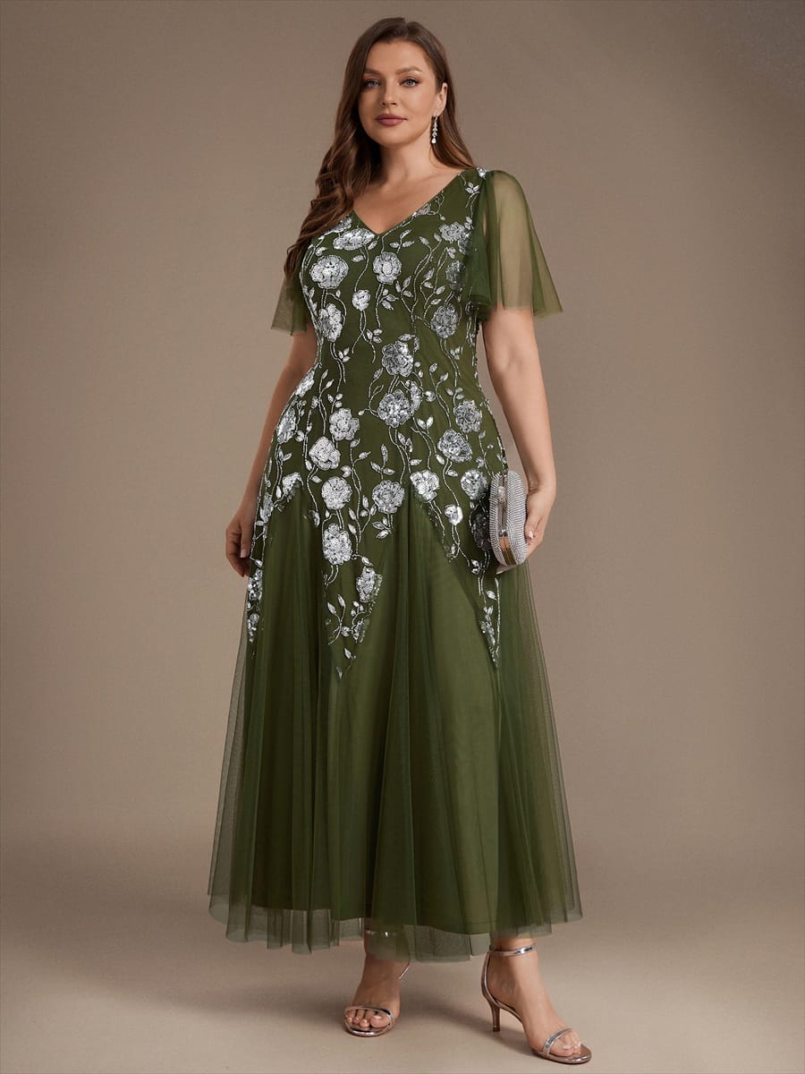 Patchwork Sequin Ruffle Sleeve Dress #color_Olive Green