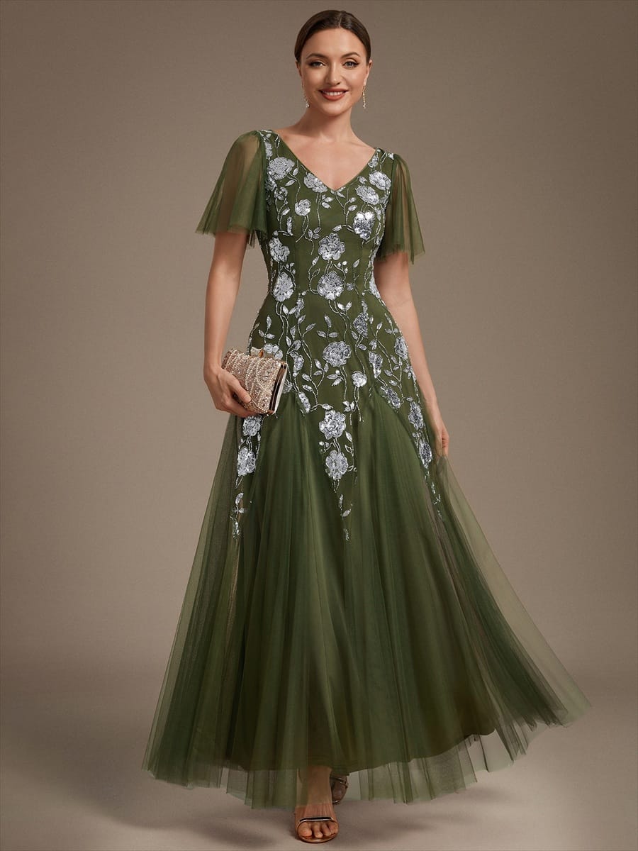 Patchwork Sequin Ruffle Sleeve Dress #color_Olive Green