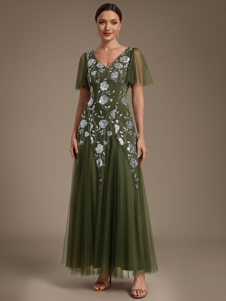 Patchwork Sequin Ruffle Sleeve Dress #color_Olive Green