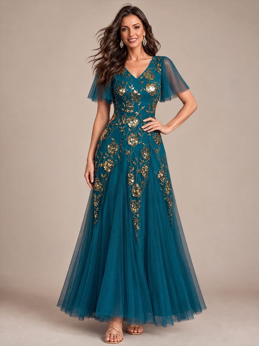 Patchwork Sequin Ruffle Sleeve Dress #color_Teal Blue