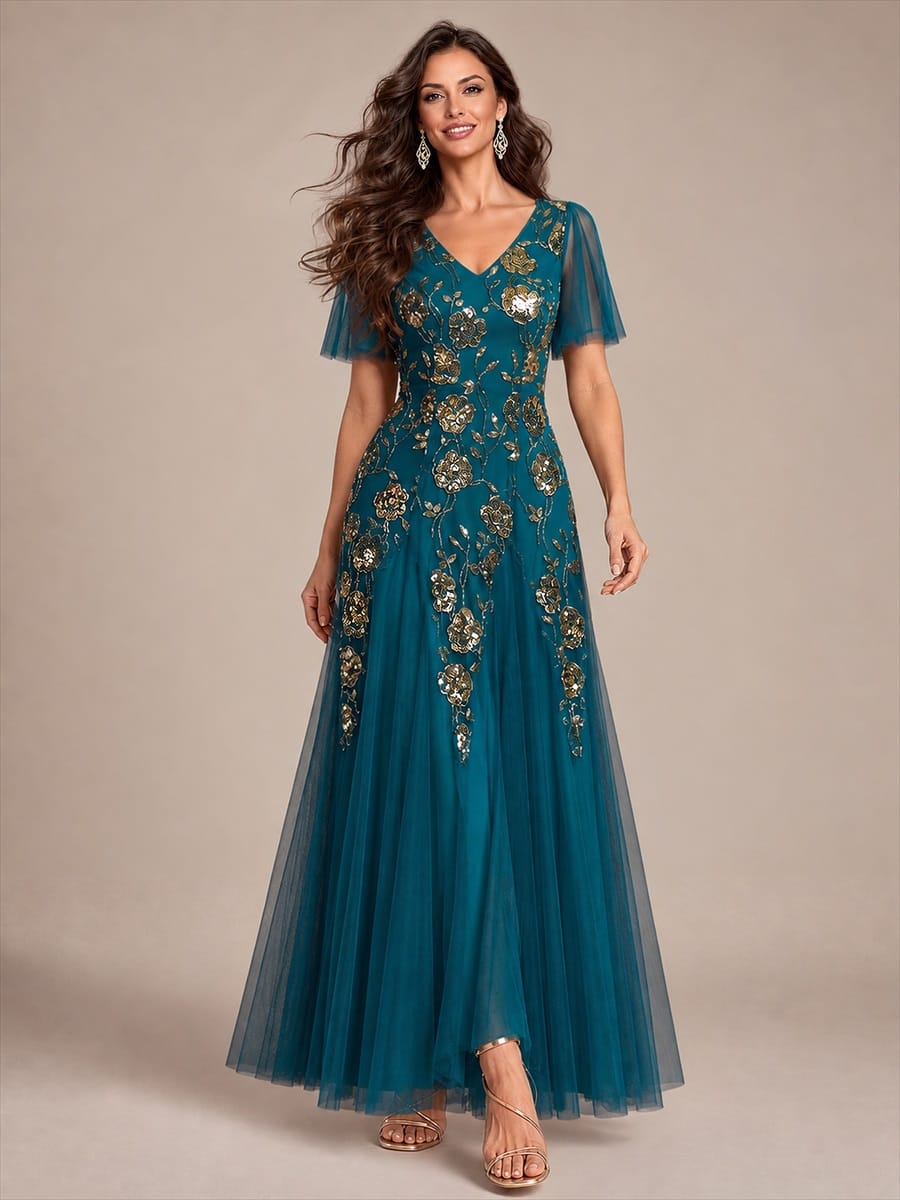 Patchwork Sequin Ruffle Sleeve Dress #color_Teal Blue