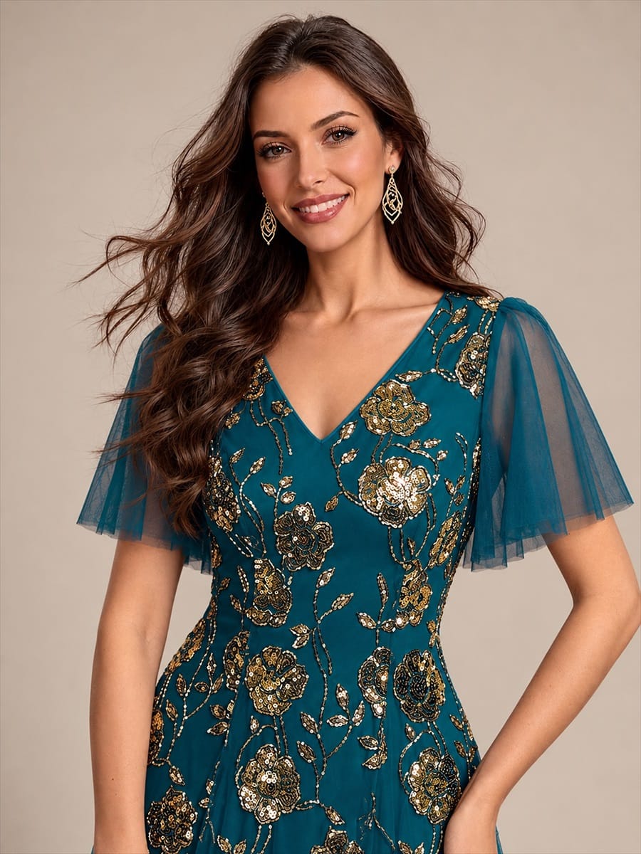 Patchwork Sequin Ruffle Sleeve Dress #color_Teal Blue