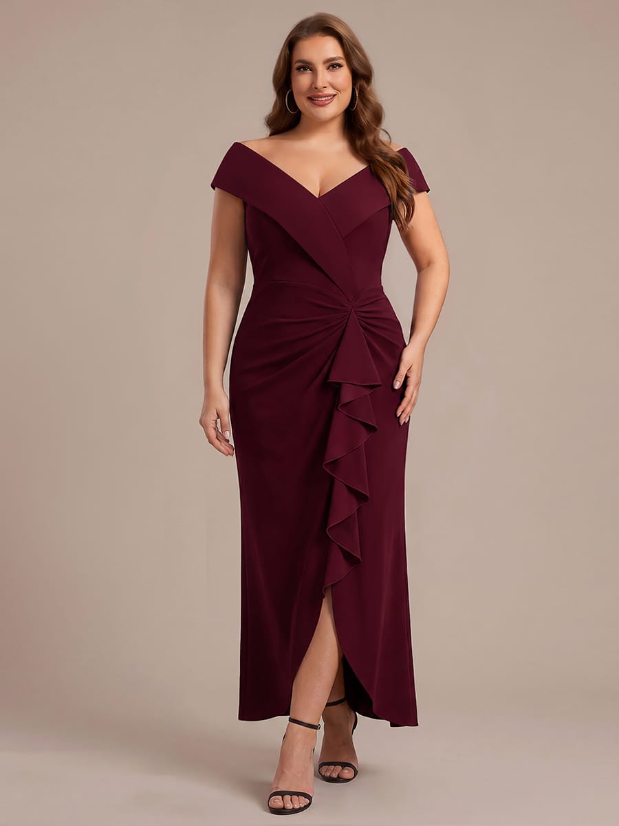 Slit Crepe Cap Sleeve Dress #color_Burgundy