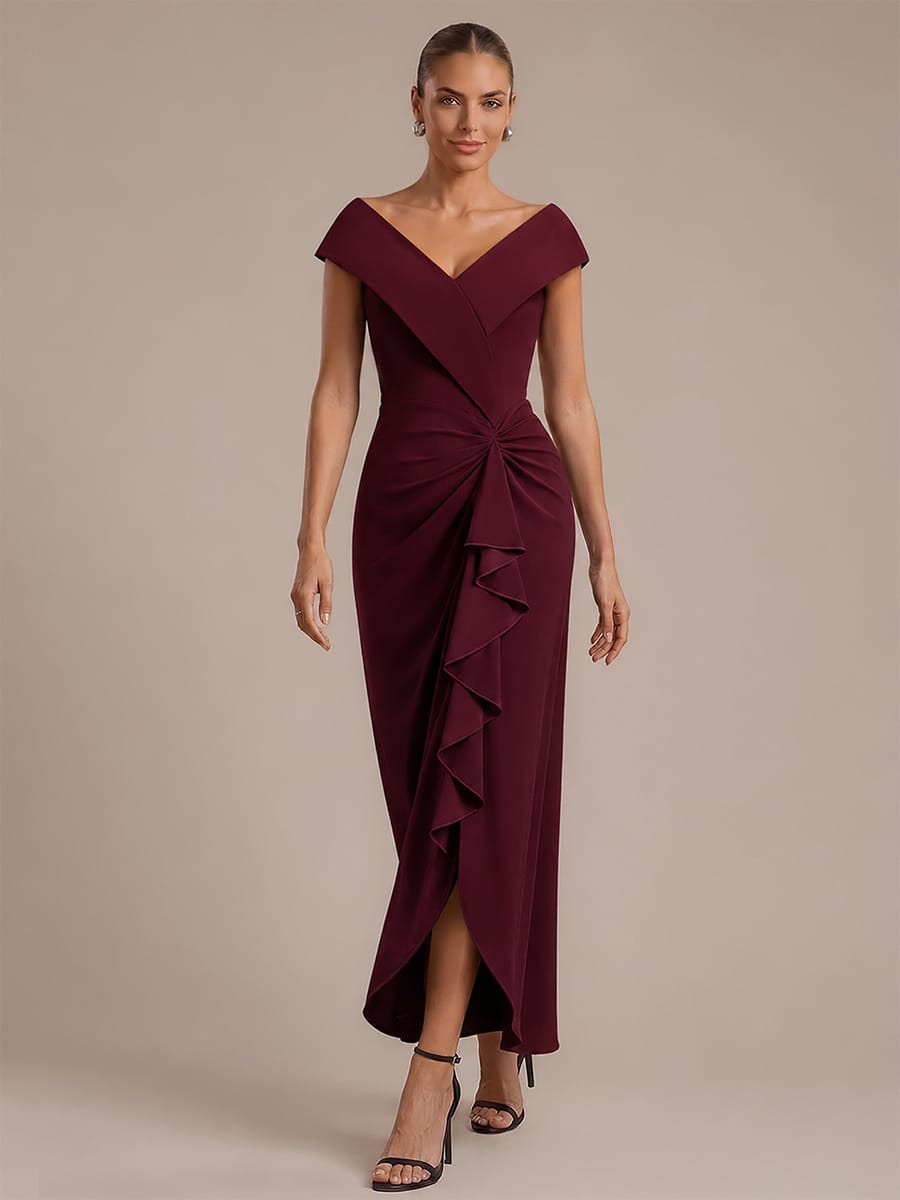 Slit Crepe Cap Sleeve Dress #color_Burgundy