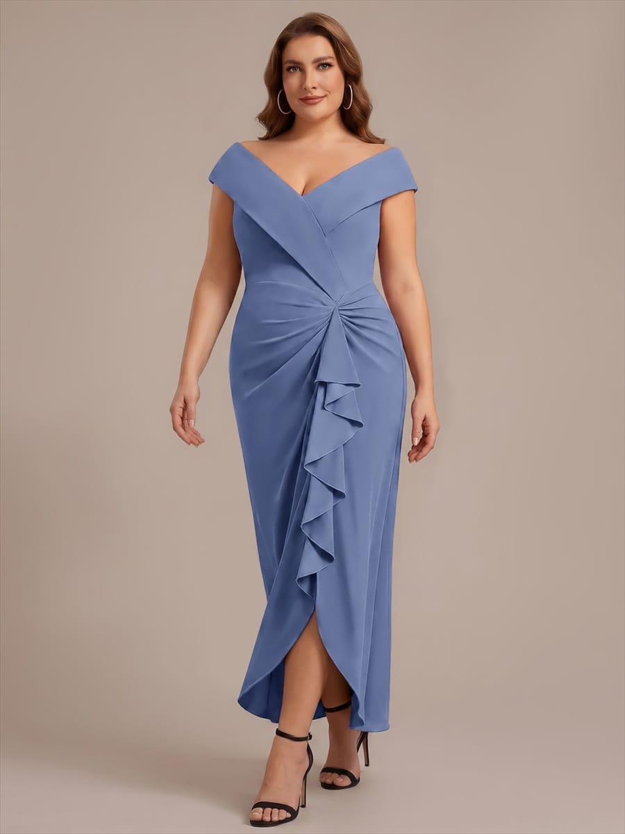 Slit Crepe Cap Sleeve Dress #color_Dusty Blue
