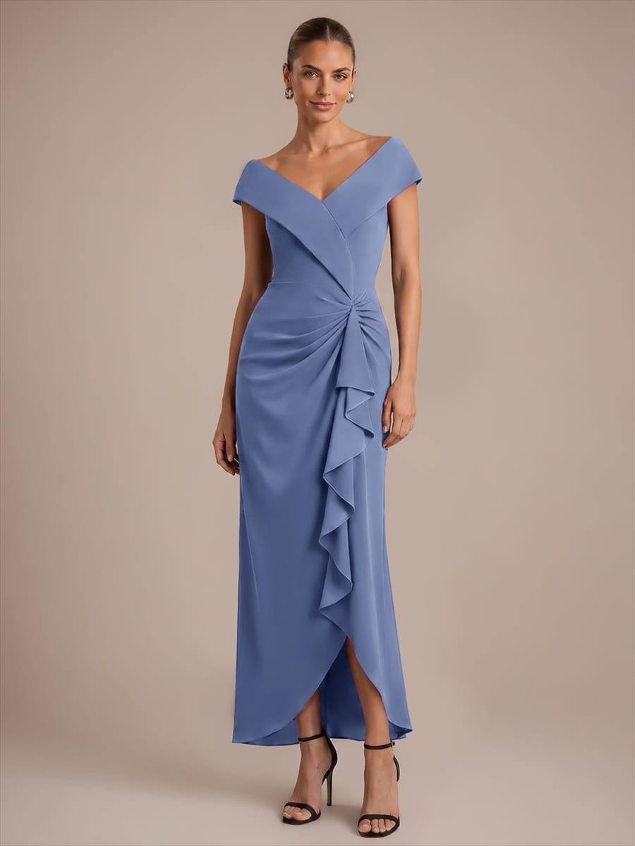 Slit Crepe Cap Sleeve Dress #color_Dusty Blue