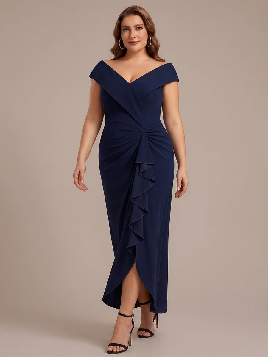 Slit Crepe Cap Sleeve Dress #color_Navy Blue