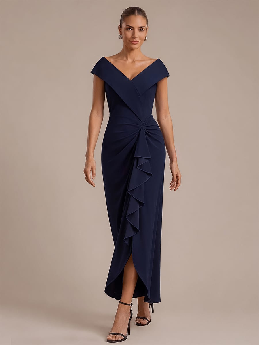 Slit Crepe Cap Sleeve Dress #color_Navy Blue