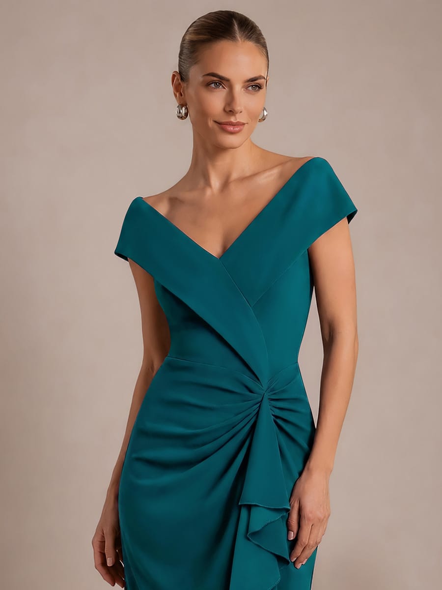Slit Crepe Cap Sleeve Dress #color_Teal Blue