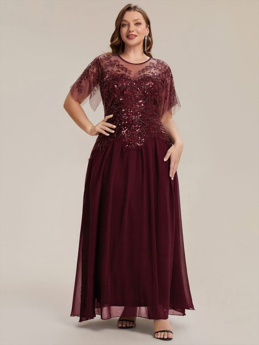 Embroidered Sequin Ruffle Sleeve Dress #color_Burgundy