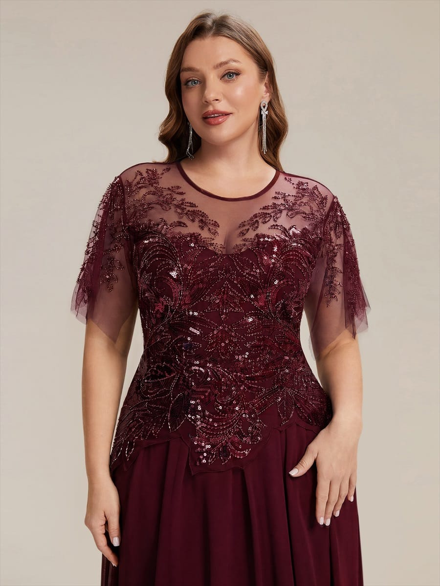 Embroidered Sequin Ruffle Sleeve Dress #color_Burgundy