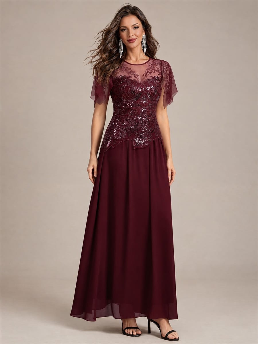 Embroidered Sequin Ruffle Sleeve Dress #color_Burgundy