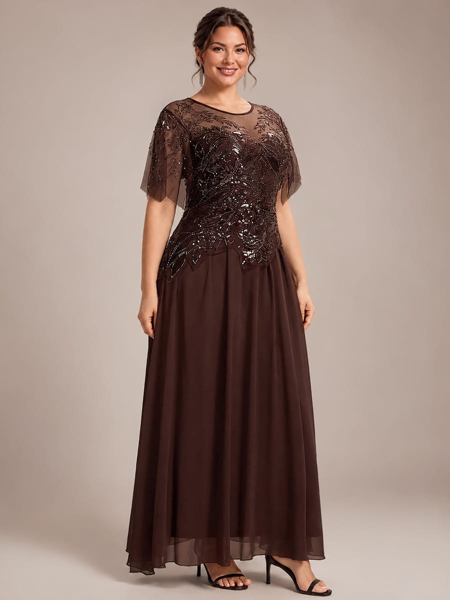 Embroidered Sequin Ruffle Sleeve Dress #color_Brown