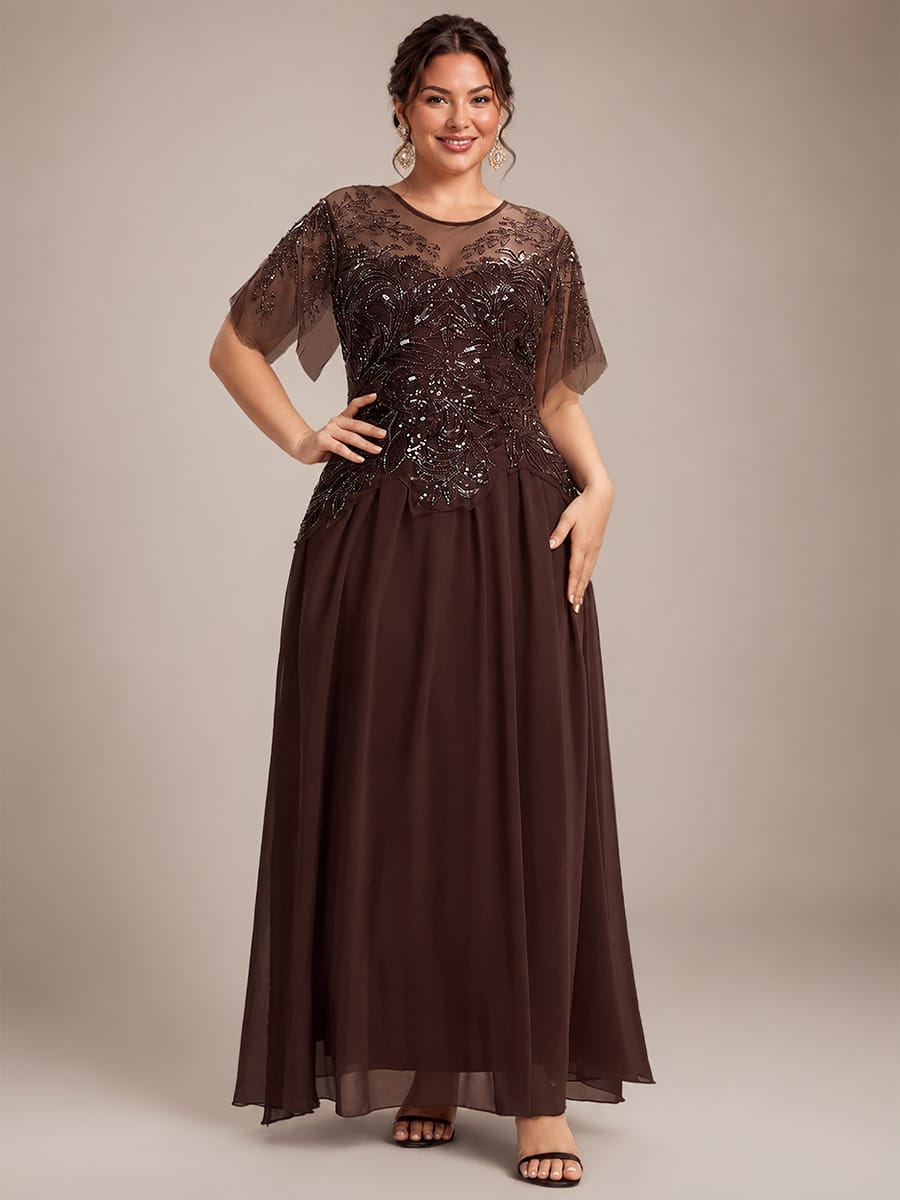 Embroidered Sequin Ruffle Sleeve Dress #color_Brown
