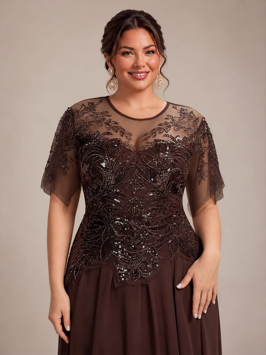 Embroidered Sequin Ruffle Sleeve Dress #color_Brown