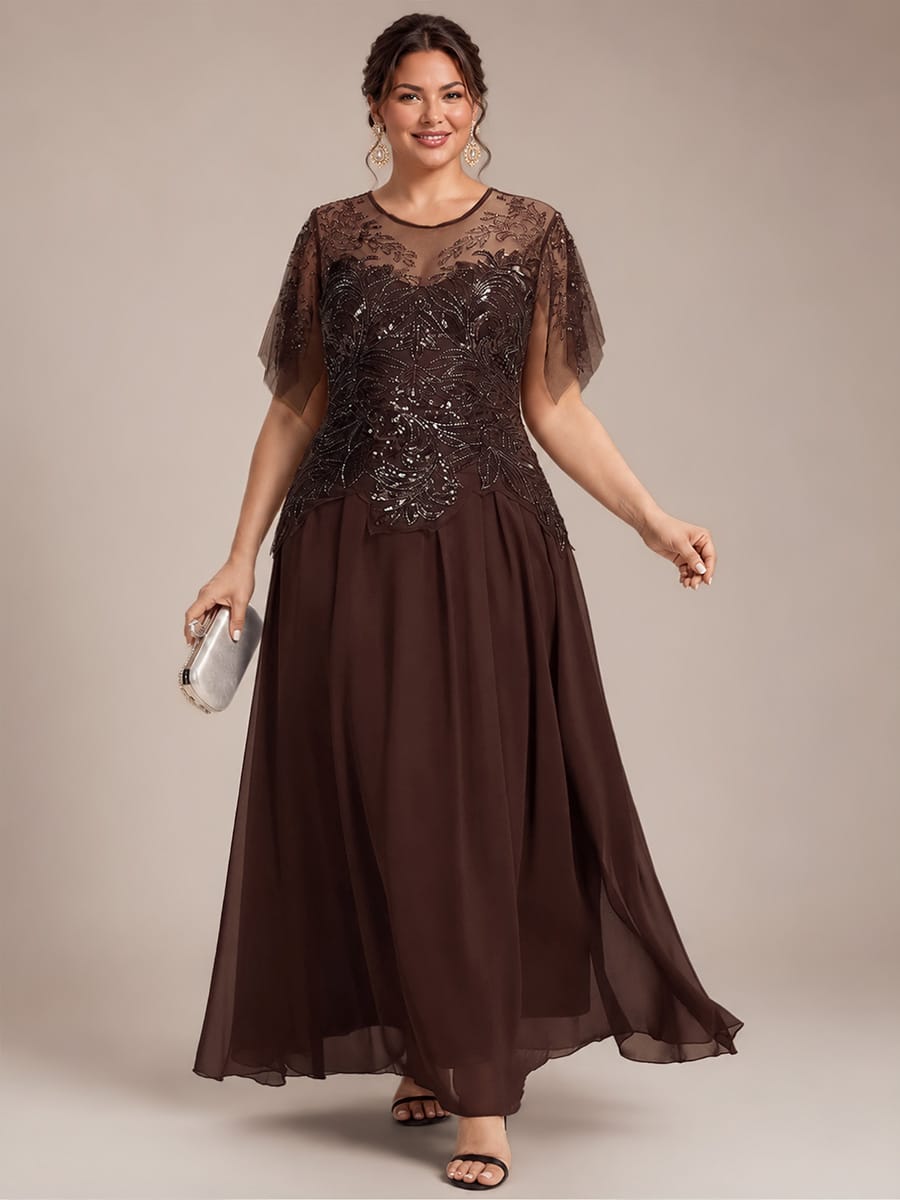 Embroidered Sequin Ruffle Sleeve Dress #color_Brown