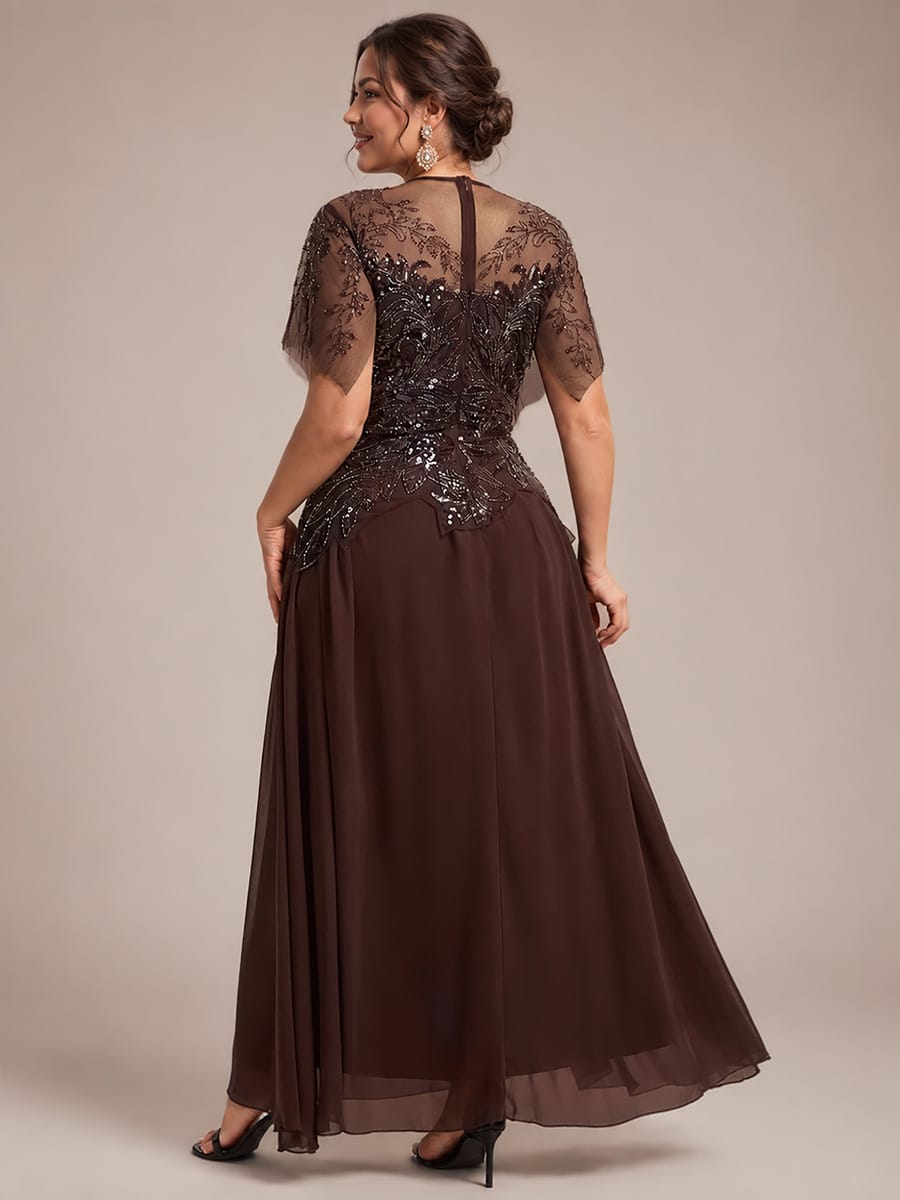 Embroidered Sequin Ruffle Sleeve Dress #color_Brown