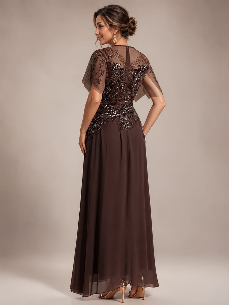 Embroidered Sequin Ruffle Sleeve Dress #color_Brown