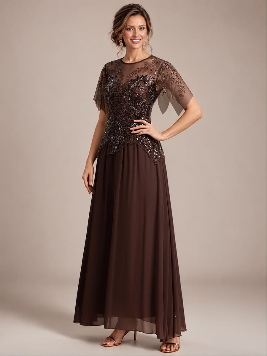 Embroidered Sequin Ruffle Sleeve Dress #color_Brown