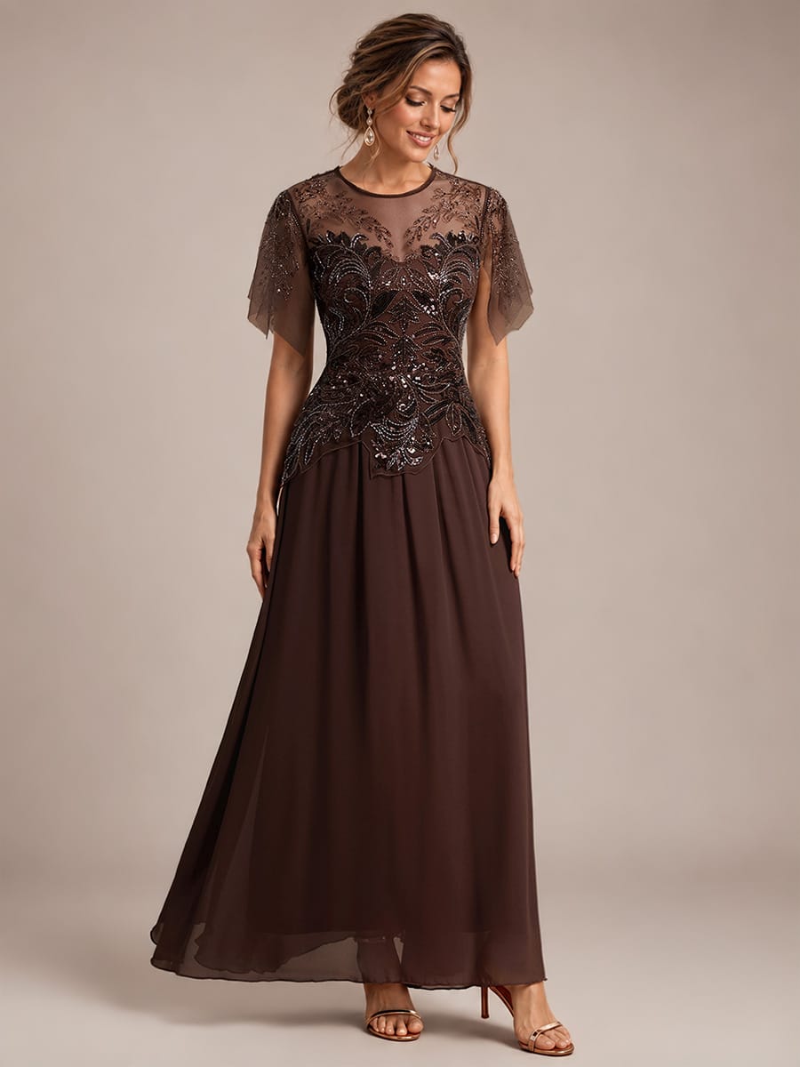 Embroidered Sequin Ruffle Sleeve Dress #color_Brown