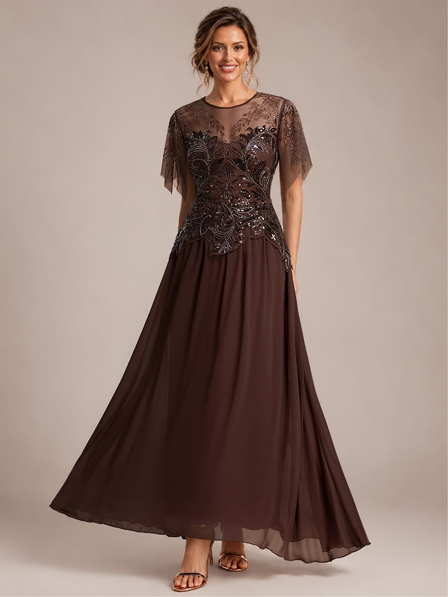 Embroidered Sequin Ruffle Sleeve Dress #color_Brown