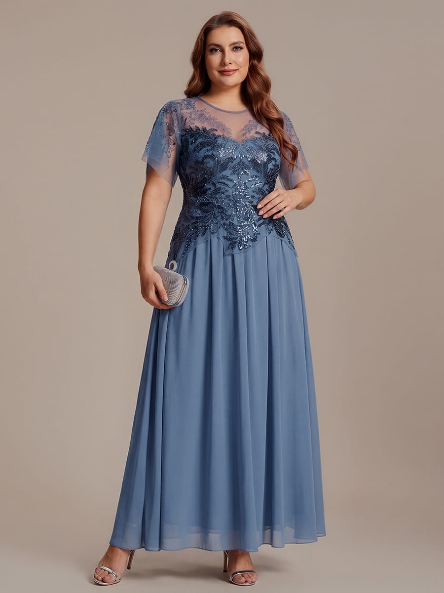 Embroidered Sequin Ruffle Sleeve Dress #color_Dusty Blue