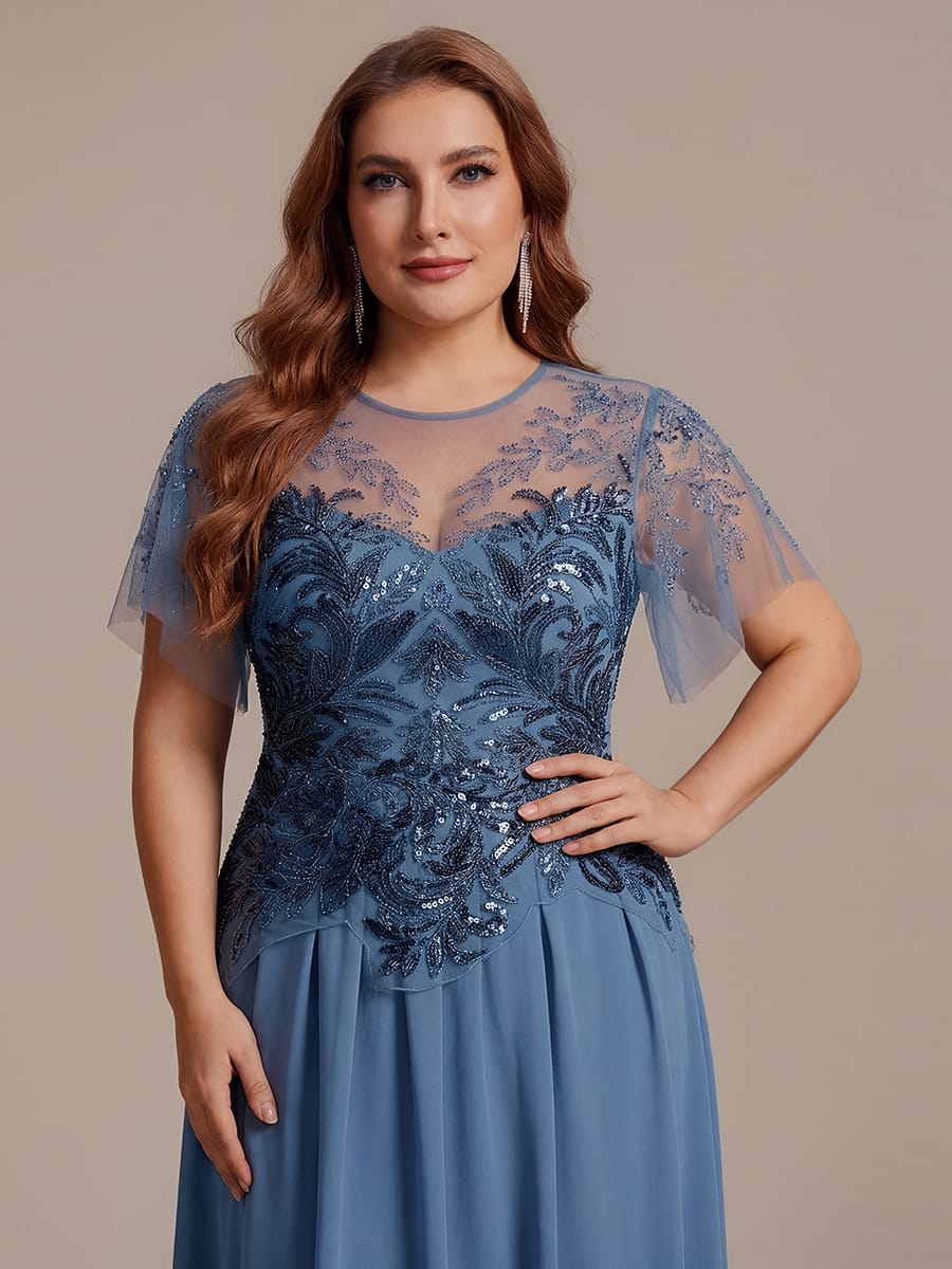 Embroidered Sequin Ruffle Sleeve Dress #color_Dusty Blue