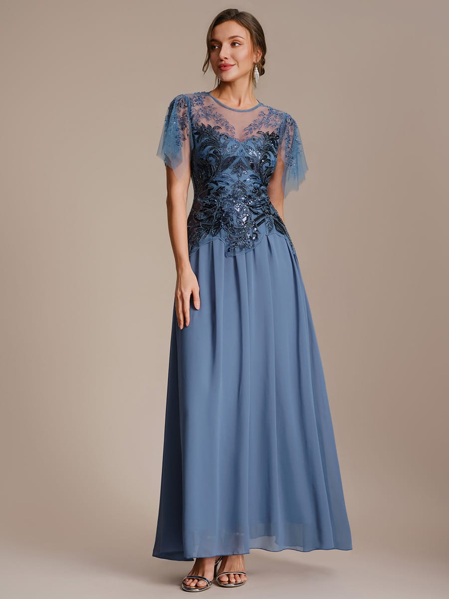Embroidered Sequin Ruffle Sleeve Dress #color_Dusty Blue