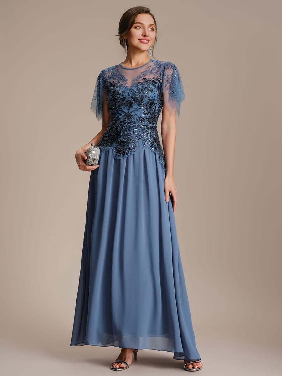 Embroidered Sequin Ruffle Sleeve Dress #color_Dusty Blue