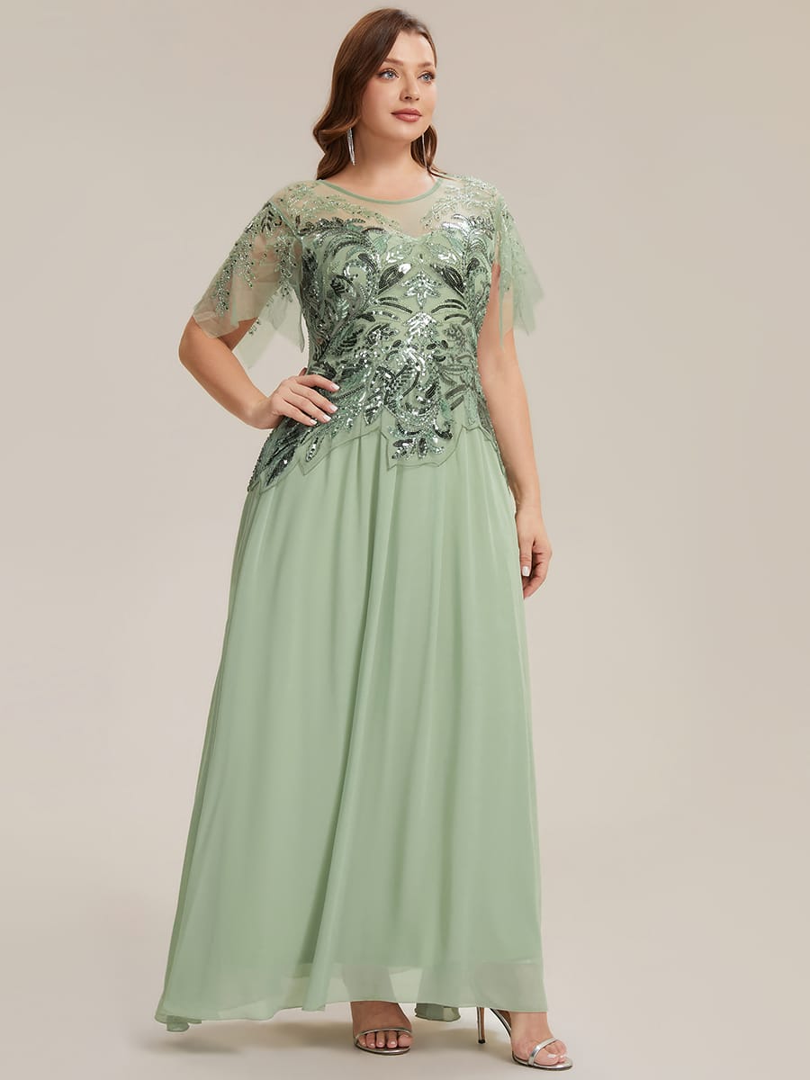 Embroidered Sequin Ruffle Sleeve Dress #color_Mint Green