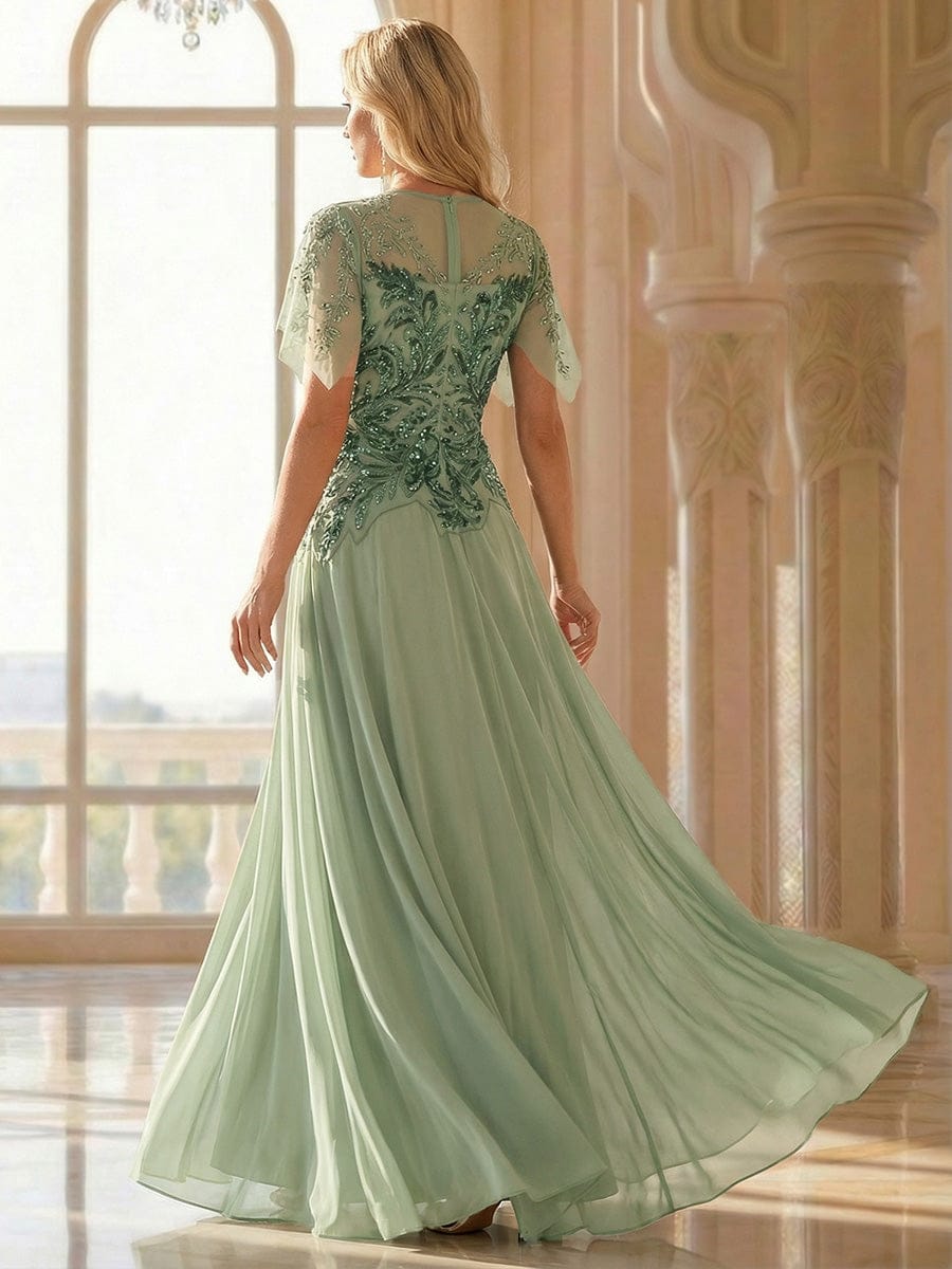 Embroidered Sequin Ruffle Sleeve Dress #color_Mint Green