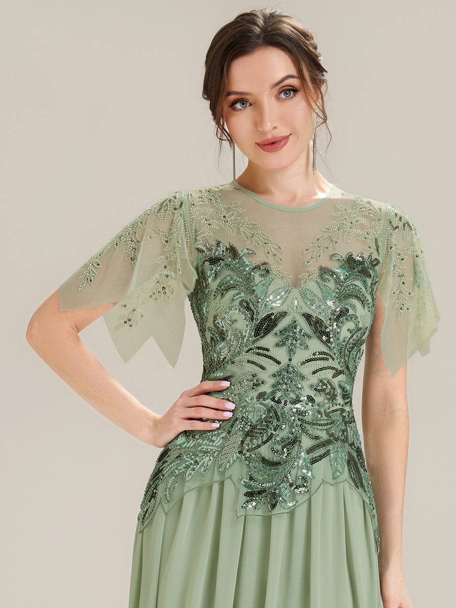 Embroidered Sequin Ruffle Sleeve Dress #color_Mint Green