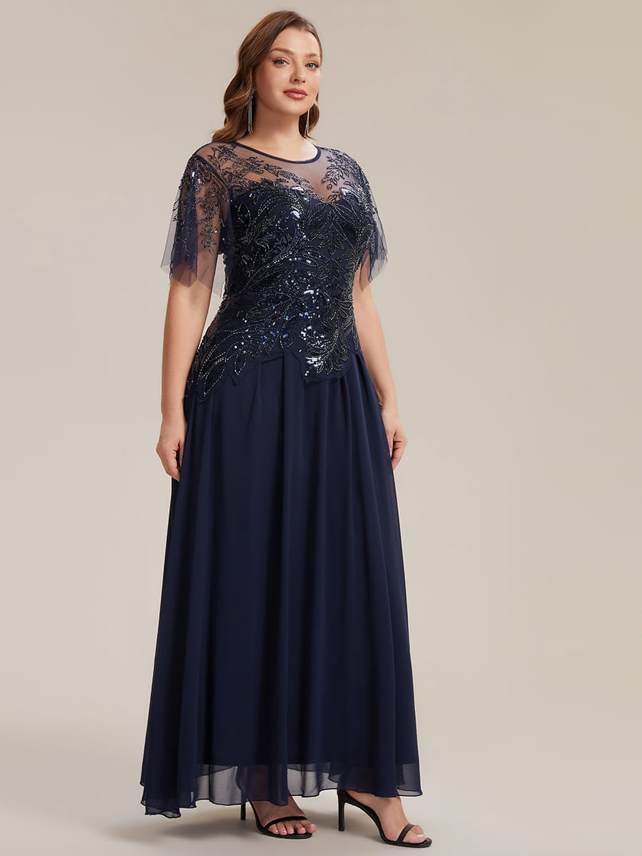 Embroidered Sequin Ruffle Sleeve Dress #color_Navy Blue