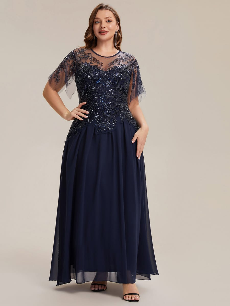Embroidered Sequin Ruffle Sleeve Dress #color_Navy Blue
