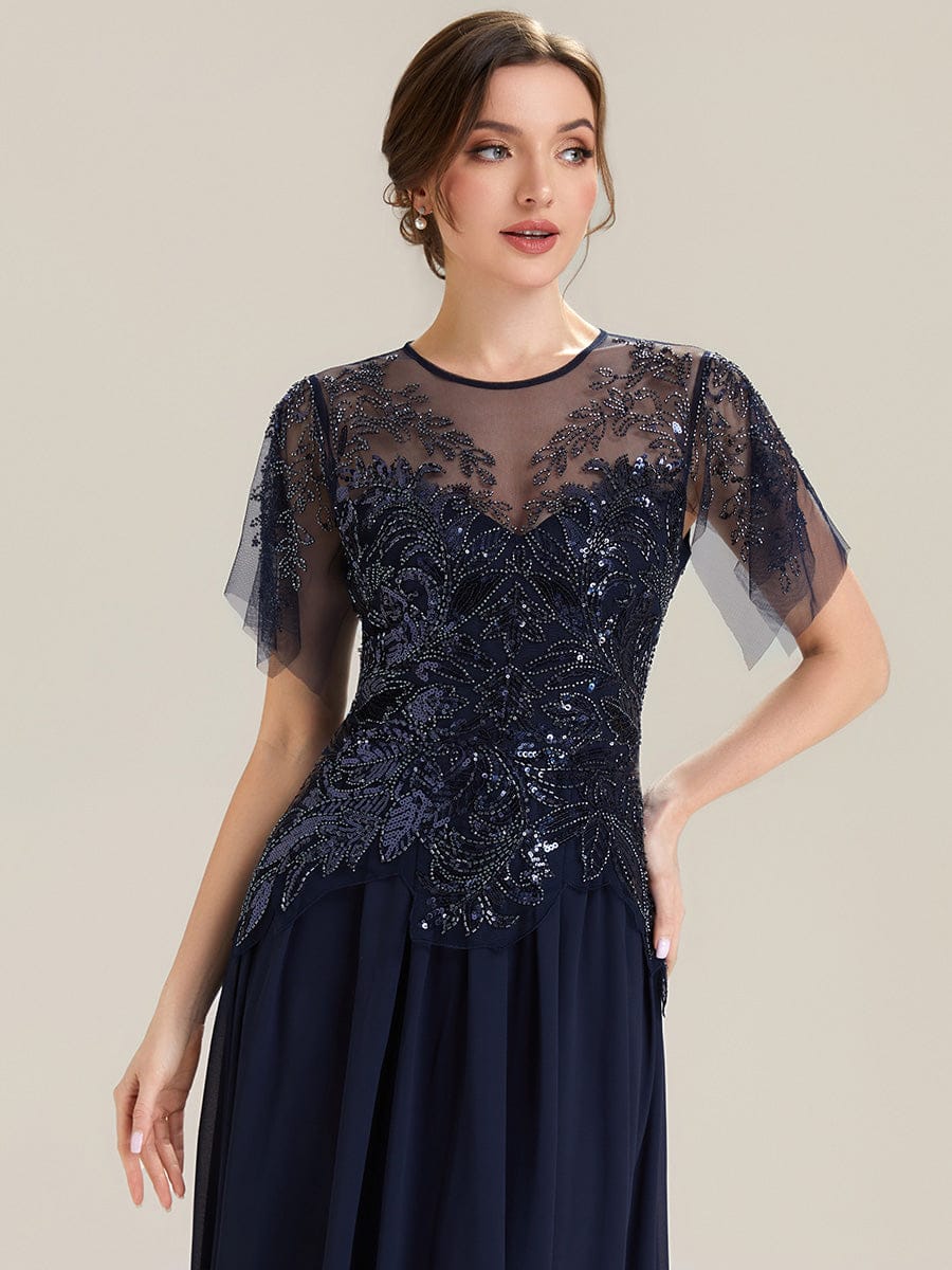 Embroidered Sequin Ruffle Sleeve Dress #color_Navy Blue