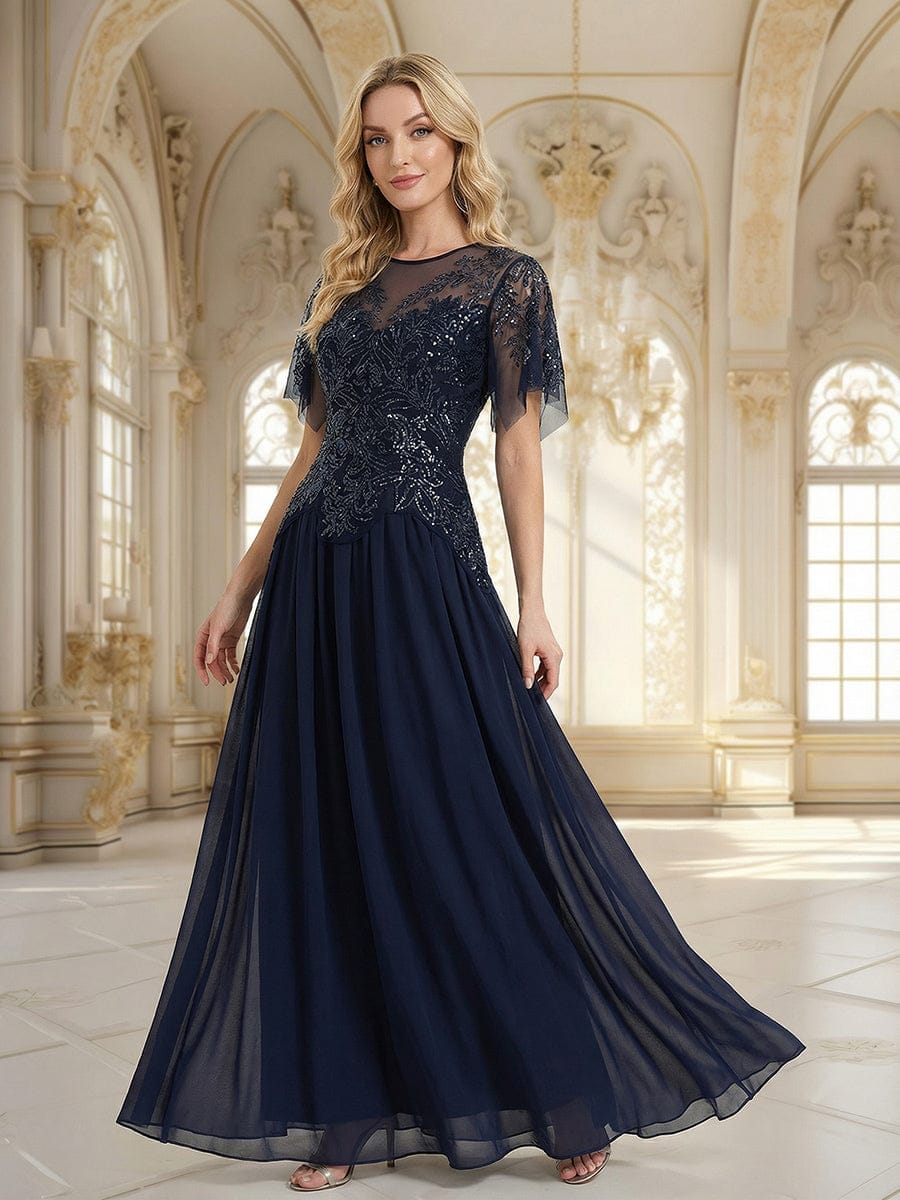 Embroidered Sequin Ruffle Sleeve Dress #color_Navy Blue