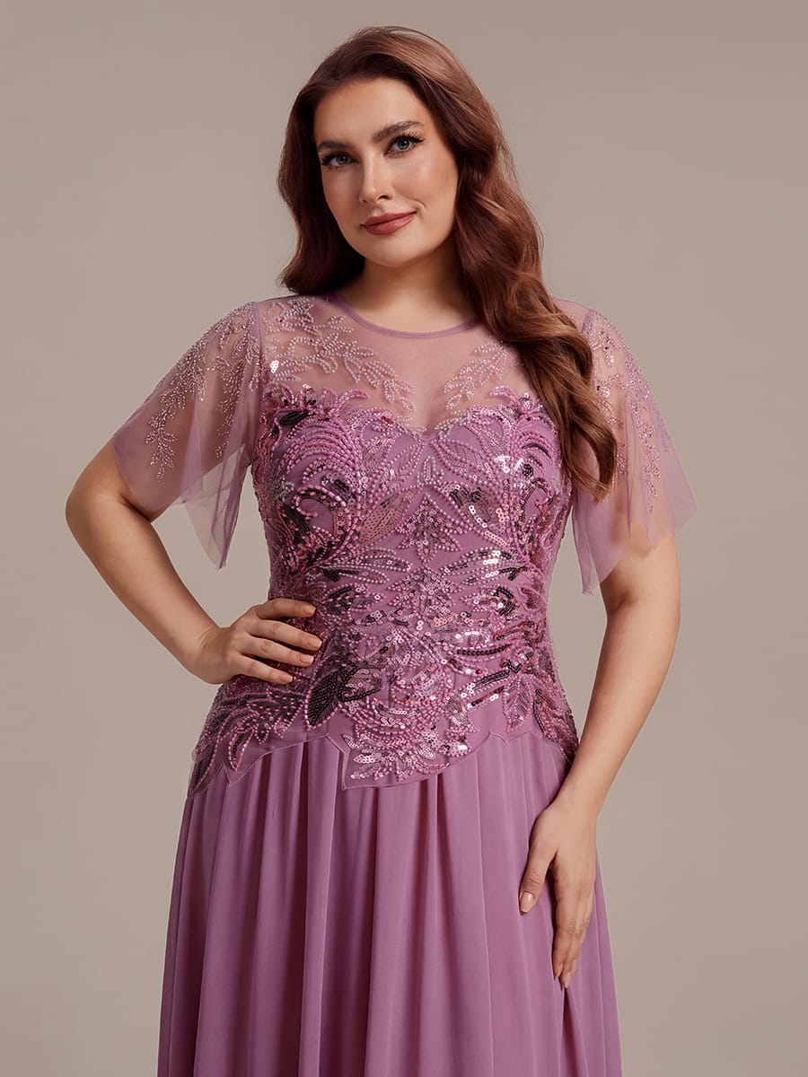 Embroidered Sequin Ruffle Sleeve Dress #color_Purple Orchid
