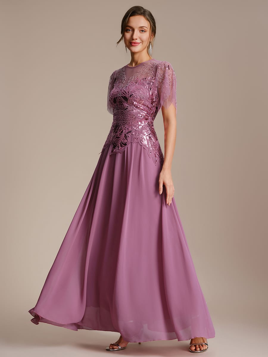 Embroidered Sequin Ruffle Sleeve Dress #color_Purple Orchid