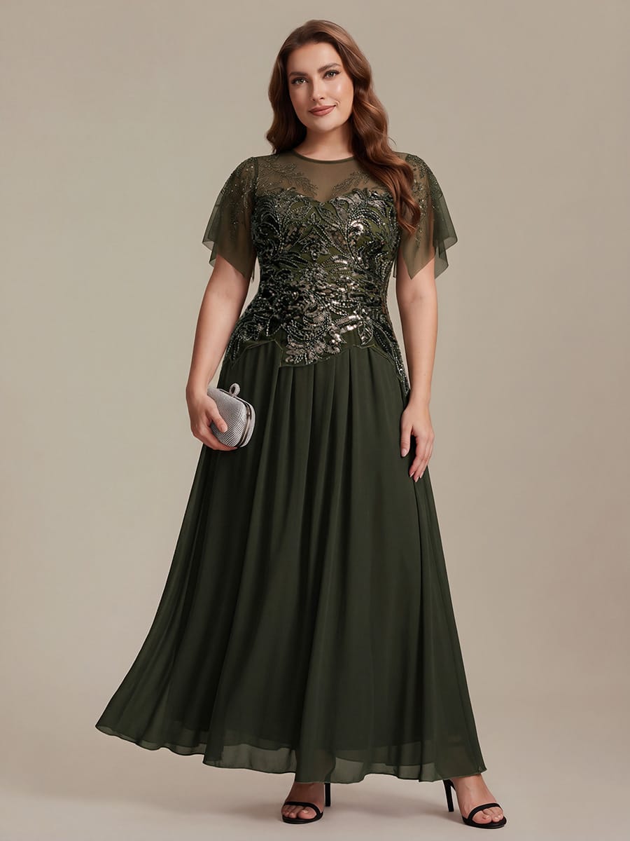 Embroidered Sequin Ruffle Sleeve Dress #color_Olive Green