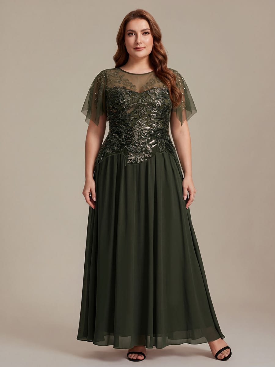 Embroidered Sequin Ruffle Sleeve Dress #color_Olive Green