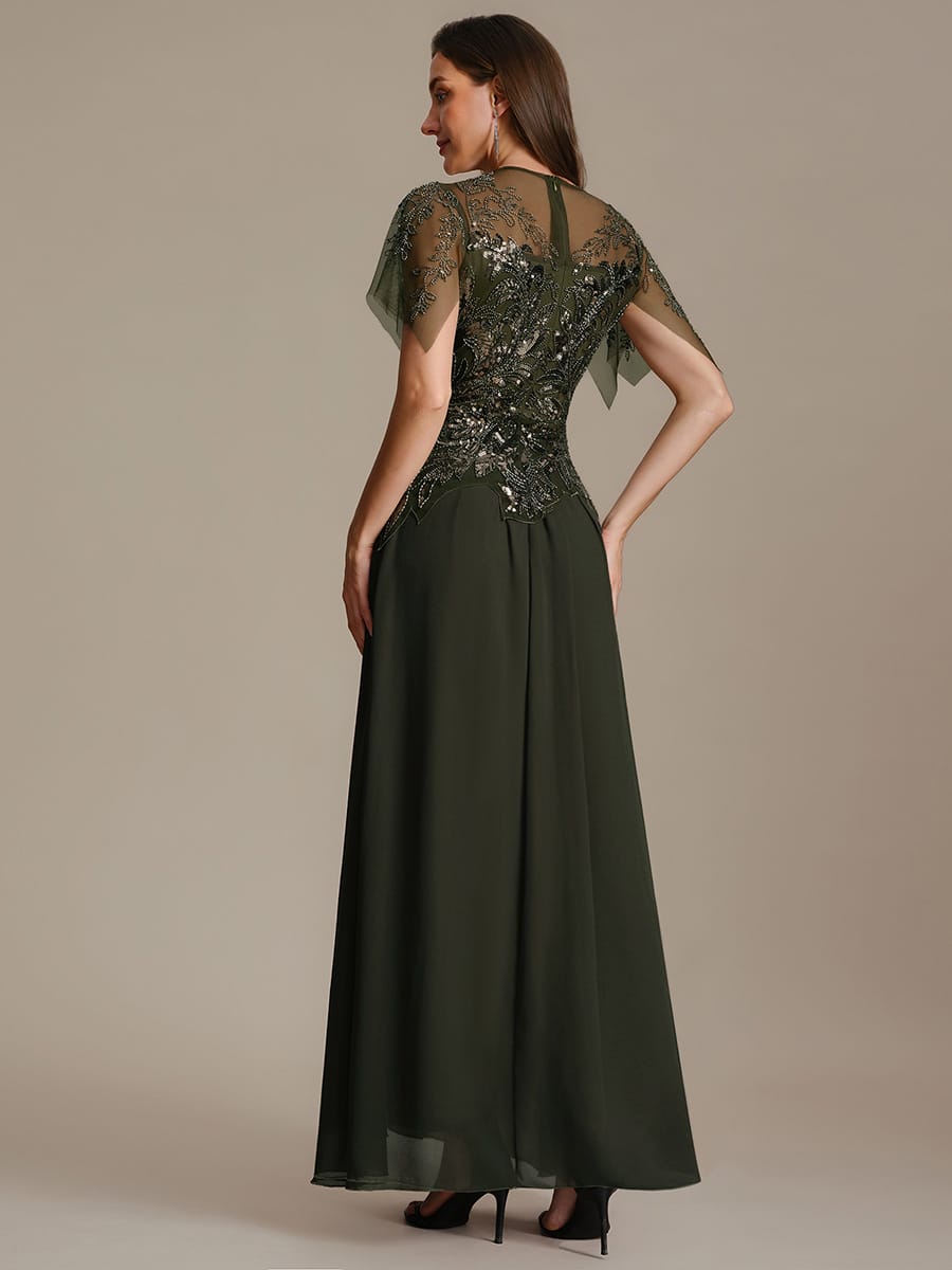 Embroidered Sequin Ruffle Sleeve Dress #color_Olive Green