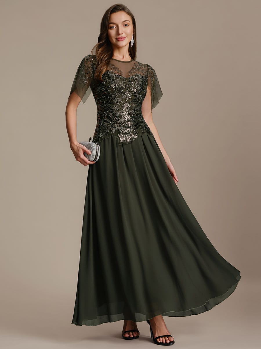 Embroidered Sequin Ruffle Sleeve Dress #color_Olive Green