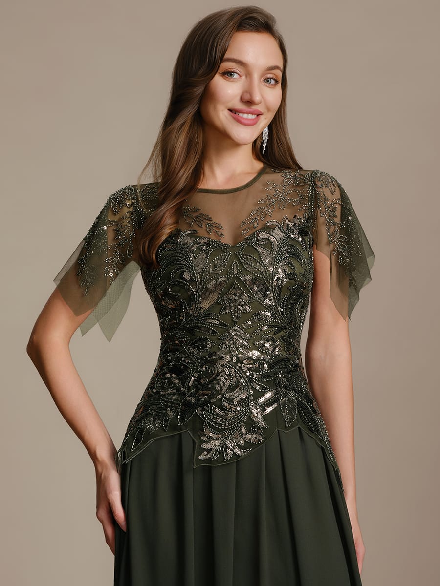 Embroidered Sequin Ruffle Sleeve Dress #color_Olive Green