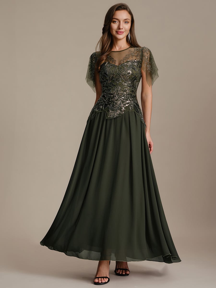Embroidered Sequin Ruffle Sleeve Dress #color_Olive Green