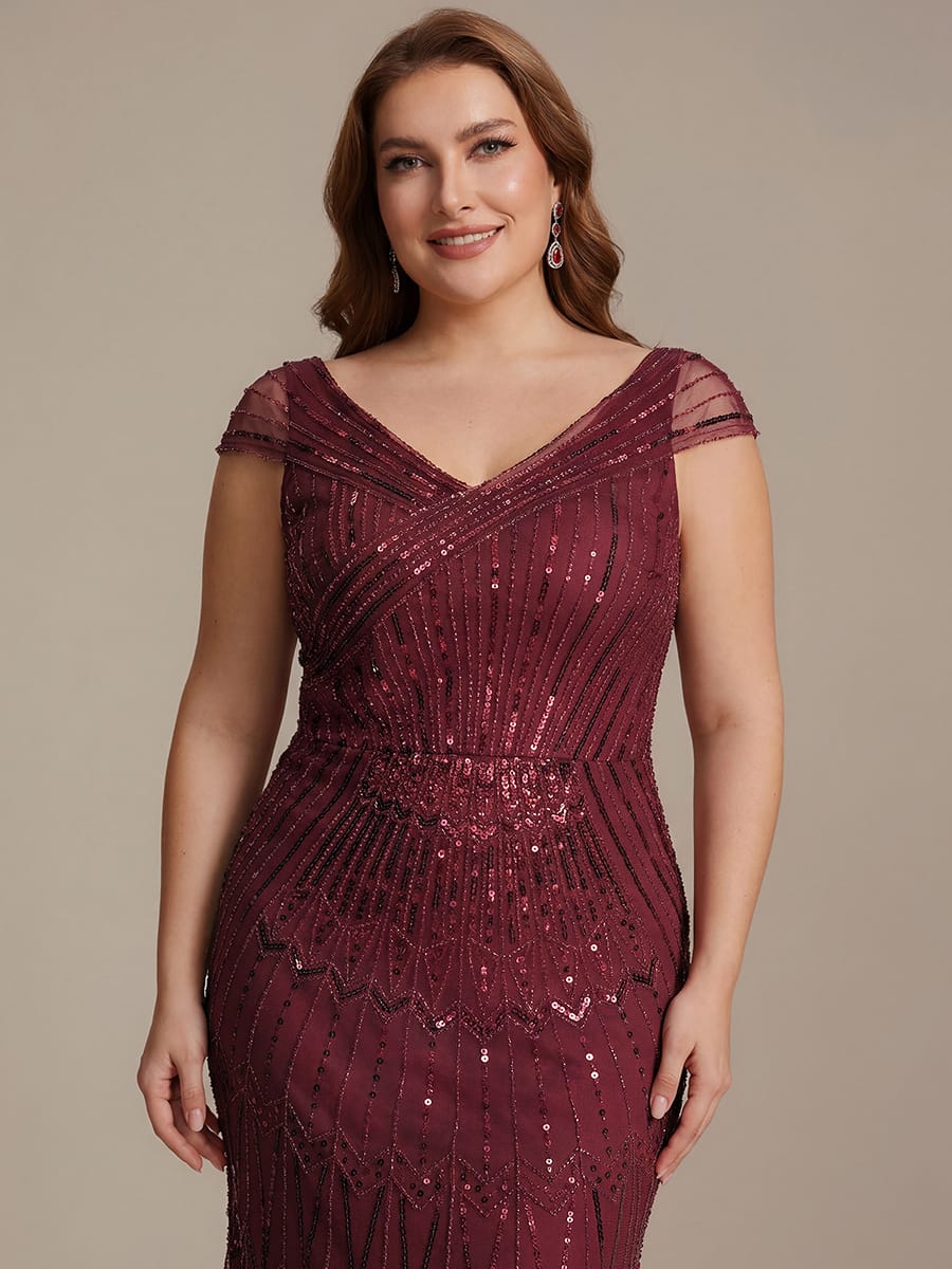 Embroidered Sequin Drop Shoulder Sleeve Dress #color_Burgundy