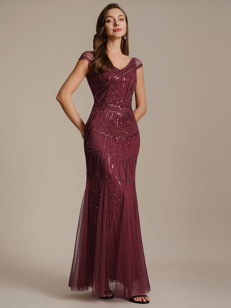 Embroidered Sequin Drop Shoulder Sleeve Dress #color_Burgundy