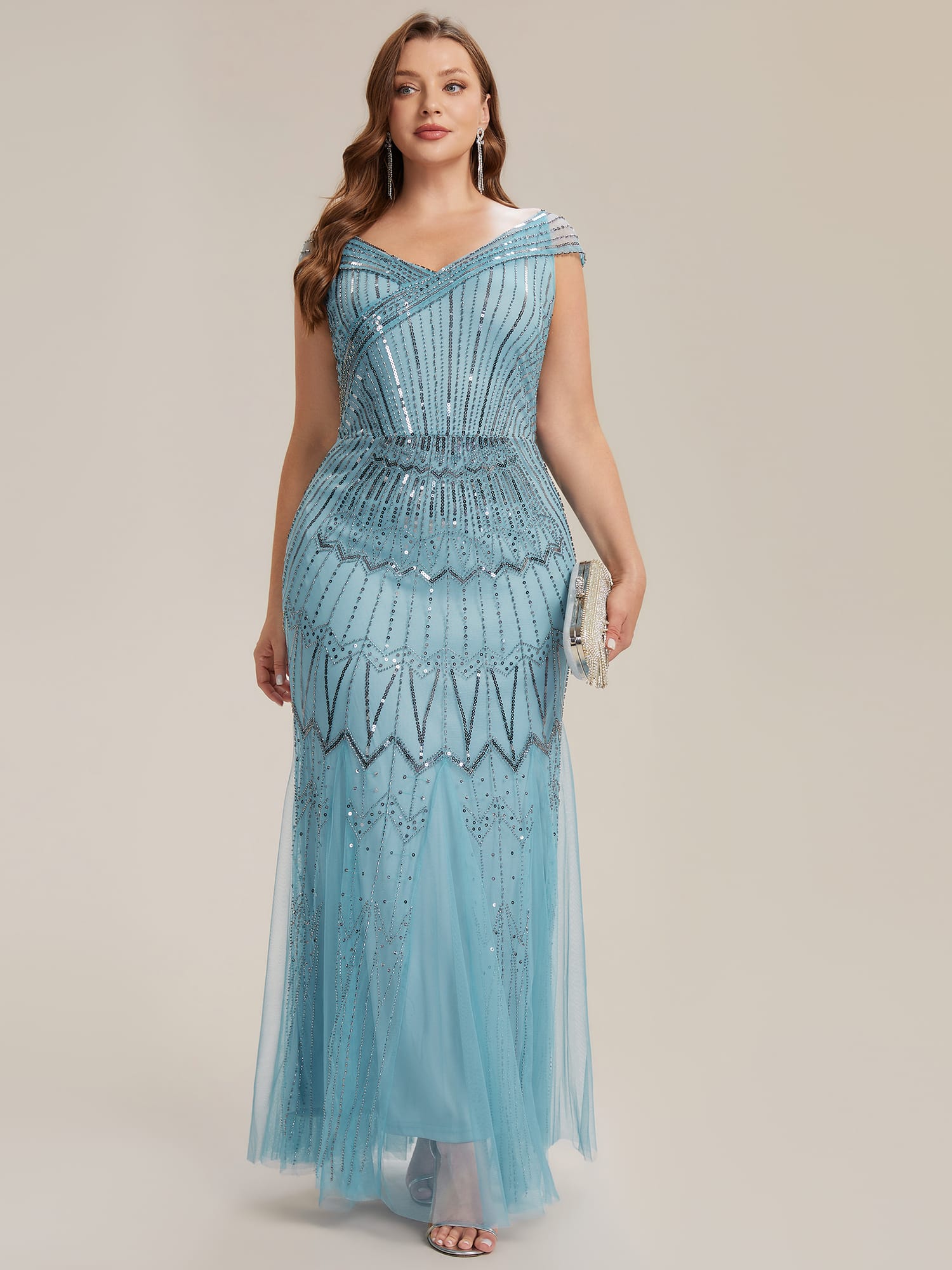 Embroidered Sequin Drop Shoulder Sleeve Dress #color_Sky Blue