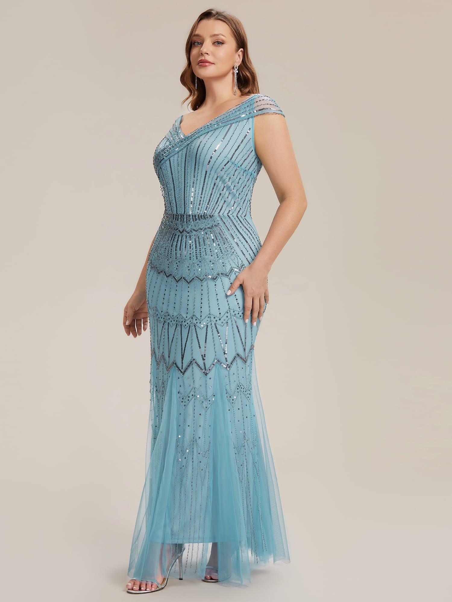 Embroidered Sequin Drop Shoulder Sleeve Dress #color_Sky Blue
